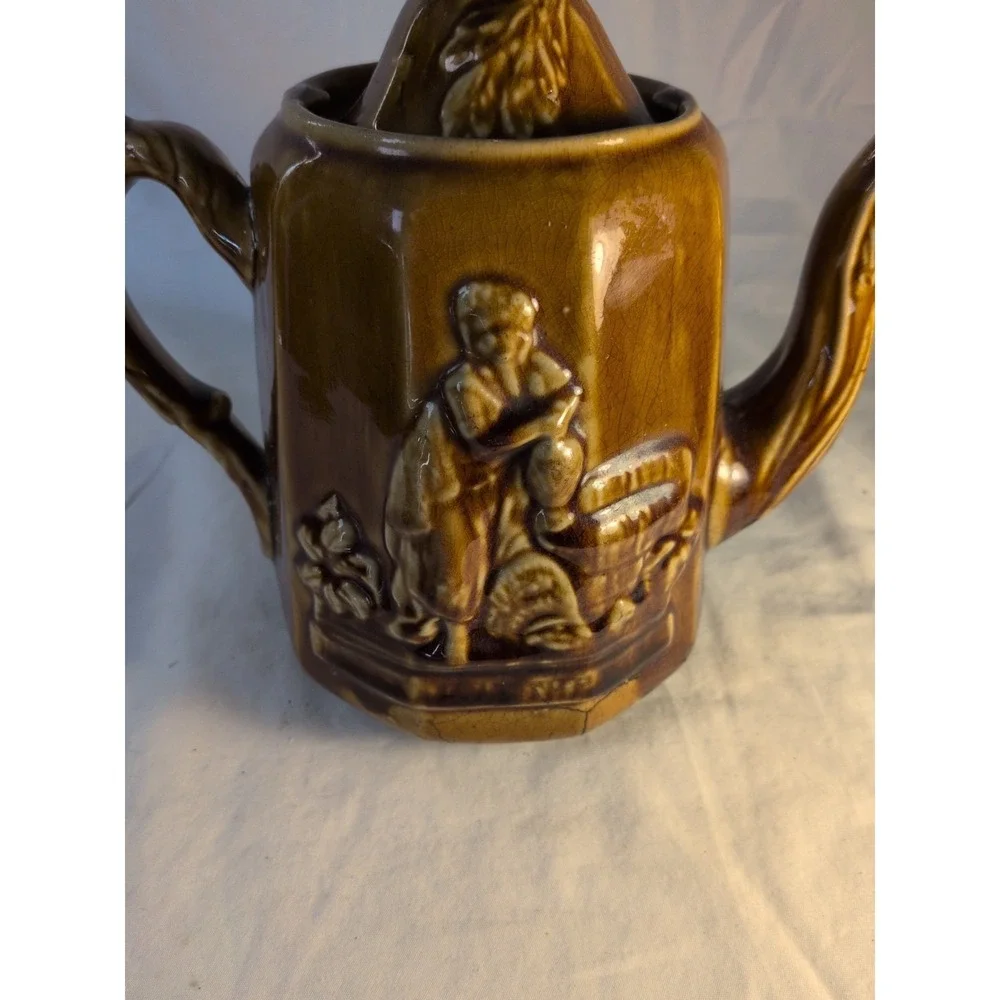 Vintage Brown Drip Glaze Teapot w/ Infuser Insert Relief Scene Japan Style Crack